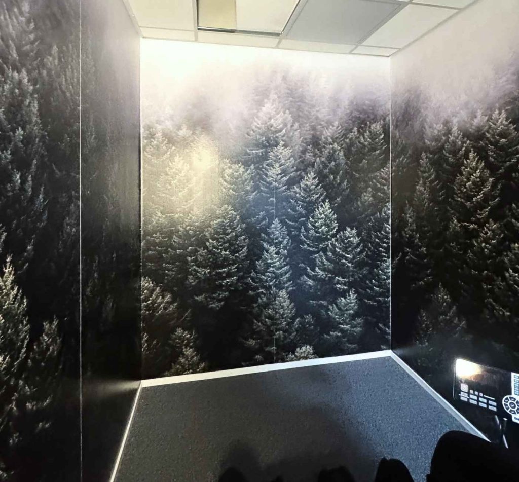 Rentoutumishuoneen metsäinen tulostetapetti rauhoittaa mieltä