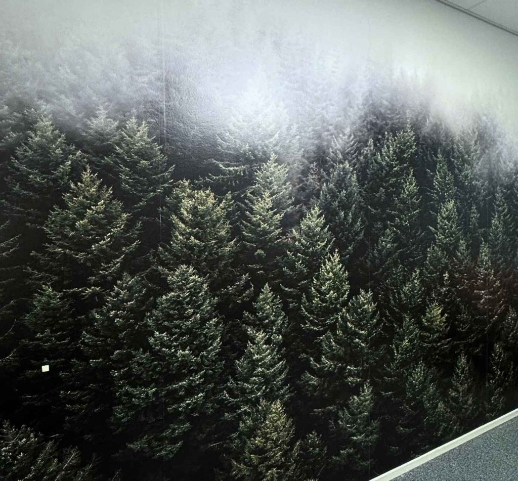 Metsämaisema neuvotteluhuoneen seinän tulostetapettina